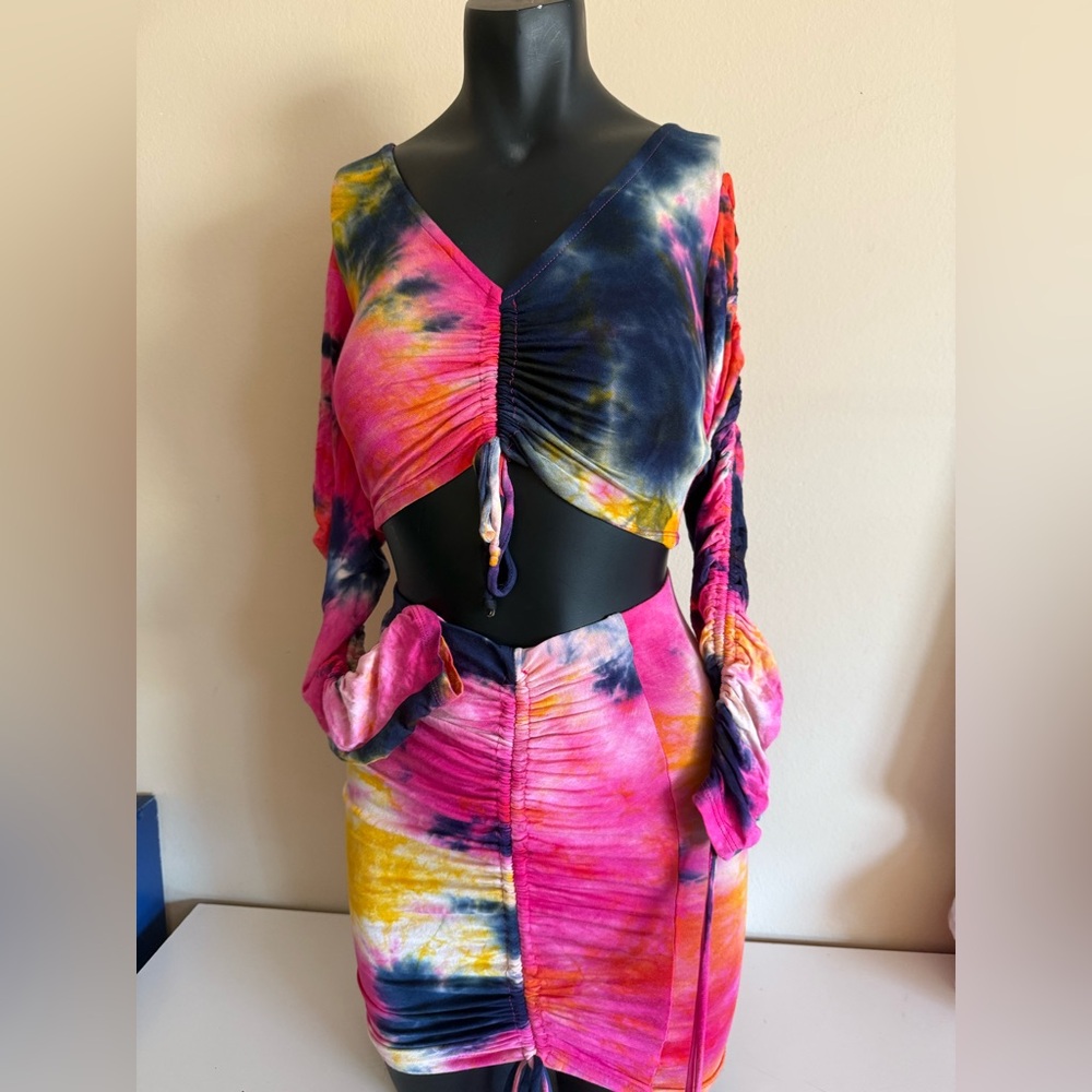 Fashion Nova Pink and Yellow Ruched Midi Skirt Set